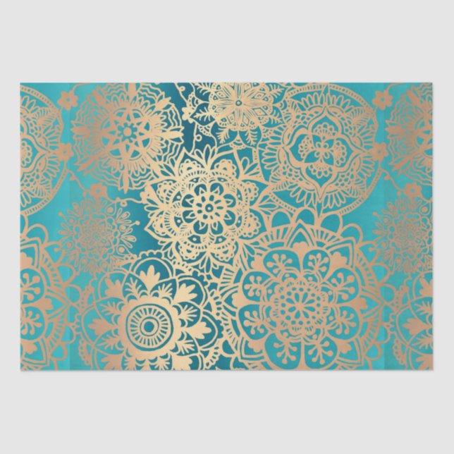 Elegant Teal Green Gold Mandala Pattern Tissue Paper (Front)