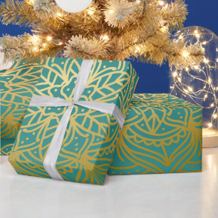 Elegant Teal Green Gold Mandala Pattern Wrapping Paper