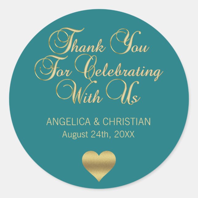 Elegant TEAL Green Gold Nautical Thank you Wedding Classic Round Sticker (Front)