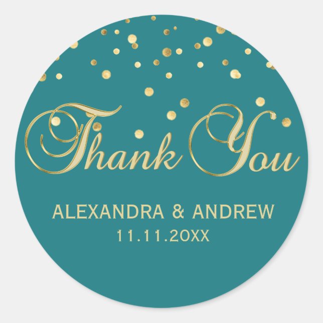 Elegant TEAL Green Gold Wedding Thank You Classic Round Sticker (Front)