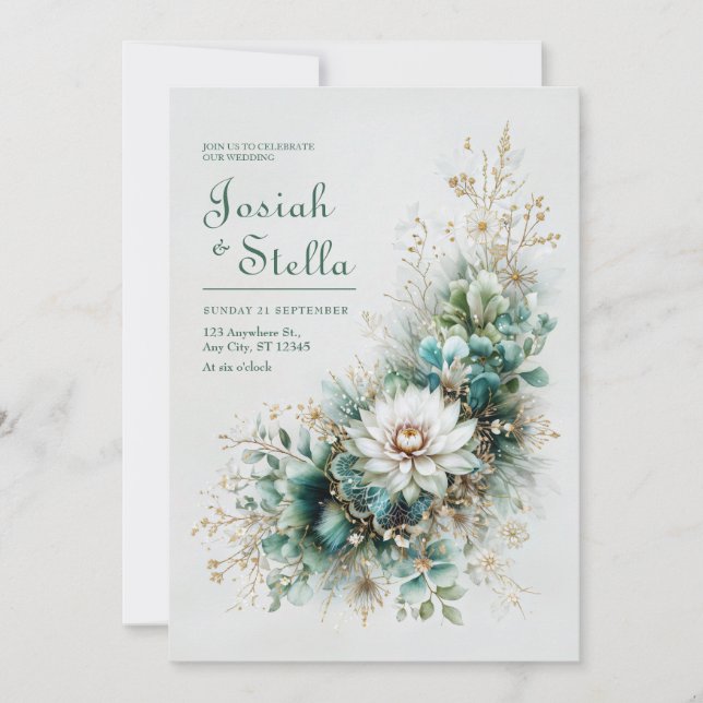 Elegant Teal Green Gold White Floral Wedding Invitation (Front)