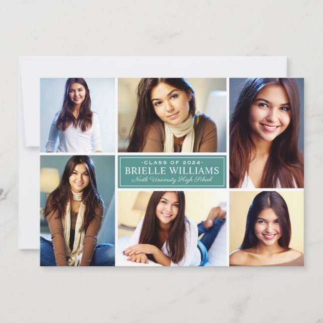 Elegant Teal Green Graduation Party Photo Collage Invitation (Front)