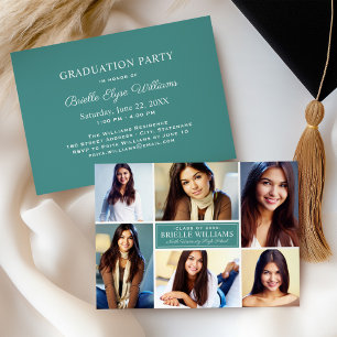 Elegant Teal Green Photo Collage Graduation Party Invitation