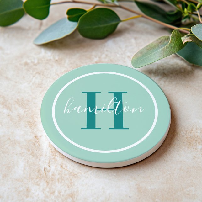 Elegant Teal Green Round Monogram Script Coaster (Creator Uploaded)
