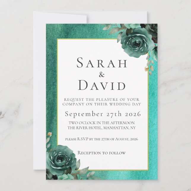 Elegant Teal Green Watercolor Floral Wedding Invitation (Front)