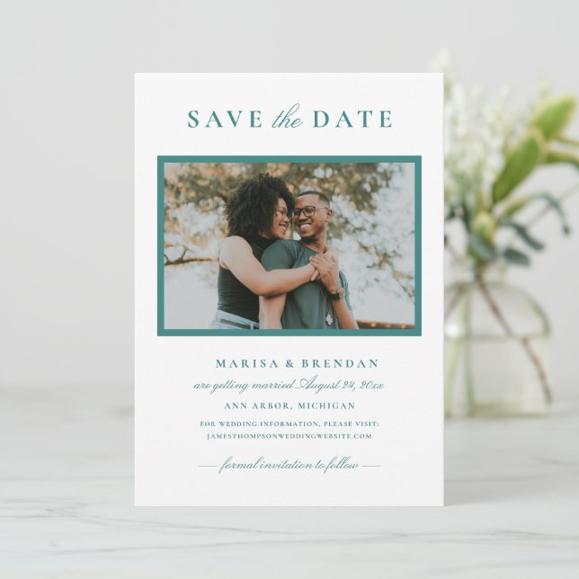 Elegant Teal Green Wedding Photo Save The Date (Standing Front)