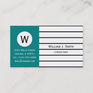 Elegant Teal Green White Black Stripes Monogrammed Business Card