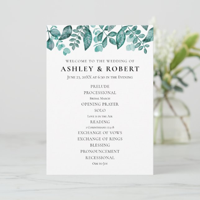 Elegant Teal Greenery Leaves Wedding Ceremony Program (Standing Front)
