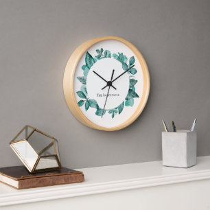Elegant Teal Greenery Modern Personalised Name Clock