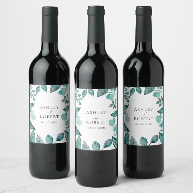 Elegant Teal Greenery Personalised Wedding Bottle Wine Label (Bottles)