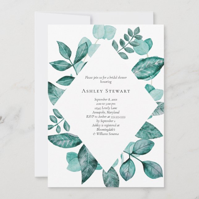 Elegant Teal Greenery Watercolor Bridal Shower Invitation (Front)