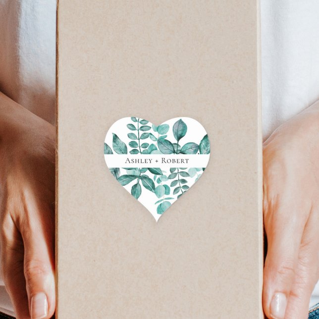Elegant Teal Greenery Watercolor Modern Wedding Heart Sticker (Creator Uploaded)