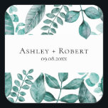 Elegant Teal Greenery Watercolor Modern Wedding Square Sticker<br><div class="desc">Beautiful teal greenery makes an elegant statement for your wedding. You may personalise with your information and change the wording to suit your event.</div>