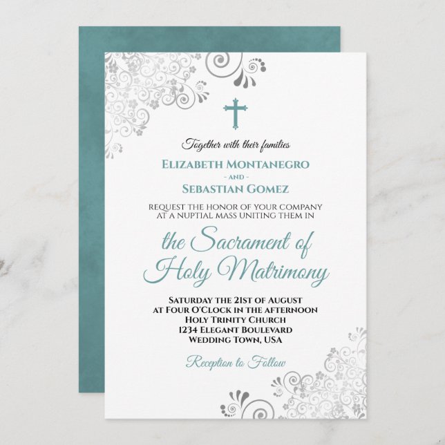Elegant Teal & Grey Frills Modern Catholic Wedding Invitation (Front/Back)