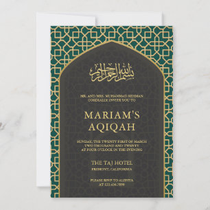 Elegant Teal Grey Gold Islamic Mihrab Aqiqah Invitation