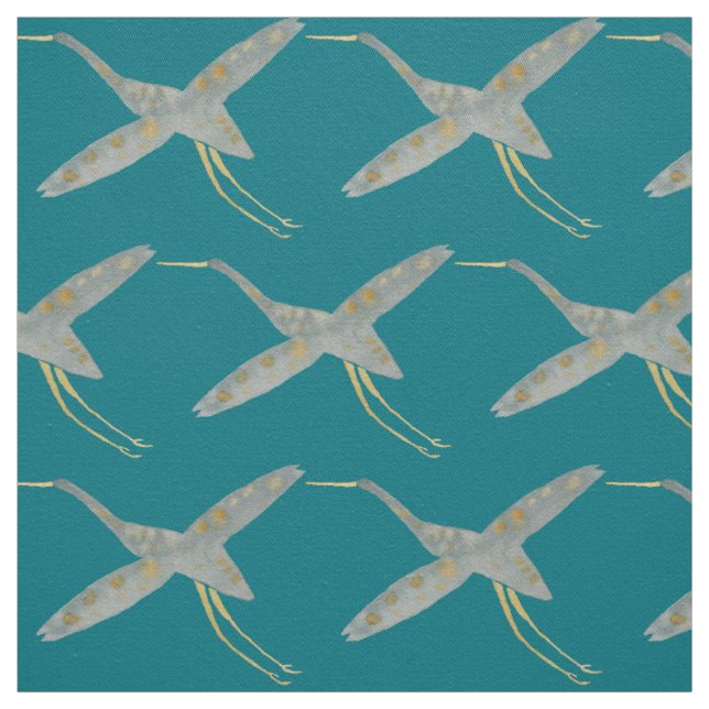 Elegant Teal & grey watercolor Crane birds  Fabric (Swatch)