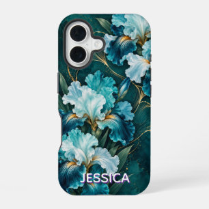 Elegant Teal Iris Flowers Custom iPhone 16 Case