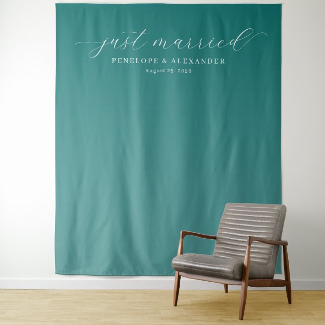 Elegant Teal Just Married Tapestry (In Situ)