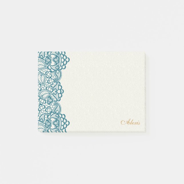Elegant Teal Lace and Gold Post-it Notes (Front)