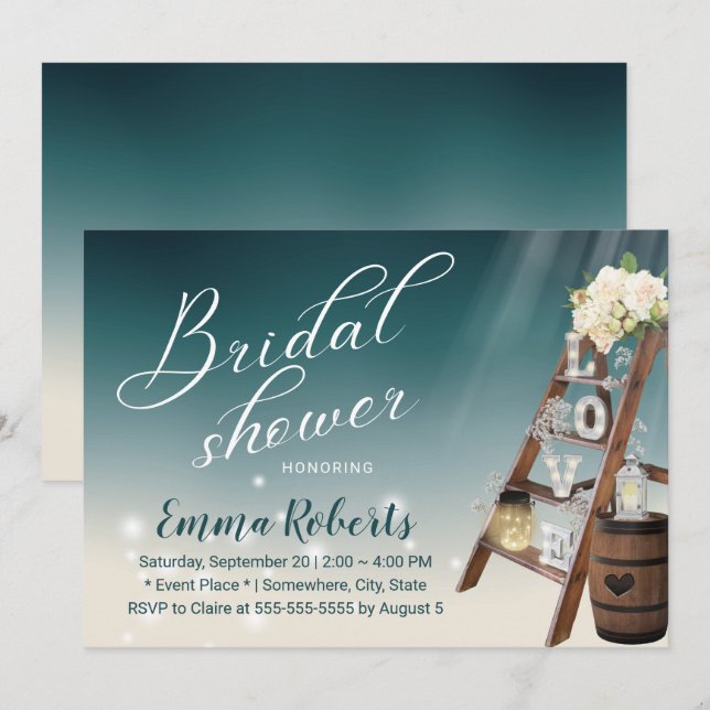 Elegant Teal Ladder & Wine Barrel Bridal Shower  Invitation (Front/Back)