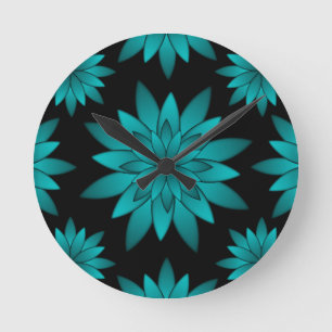 Elegant Teal Leaf Flower on Black Background Round Clock