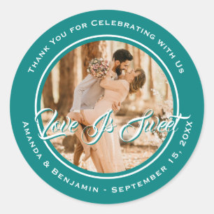 Elegant Teal Love Is Sweet Wedding Photo Classic Round Sticker