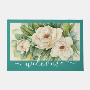 Elegant Teal Magnolia Floral Welcome Script Doormat