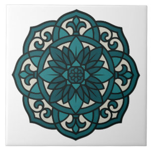 Elegant Teal Mandala Stained Glass  Ceramic Tile