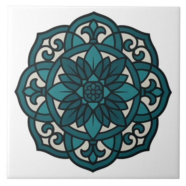 Elegant Teal Mandala Stained Glass  Ceramic Tile (Front)