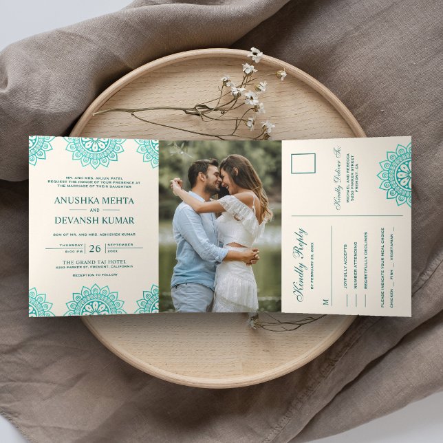 Elegant Teal Mandala Traditional Indian Wedding Tri-Fold Invitation (Creator Uploaded)