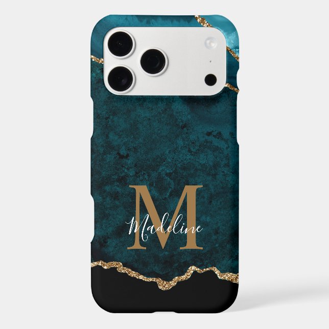 Elegant Teal Marble Agate Geode Gold Monogram (Back)