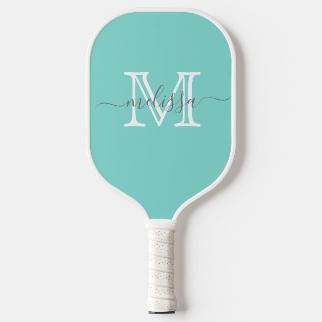 Elegant Teal Minimal Name and Monogram  Pickleball Paddle (Front)