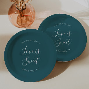 Elegant Teal Minimalist Calligraphy Wedding  Paper Plate