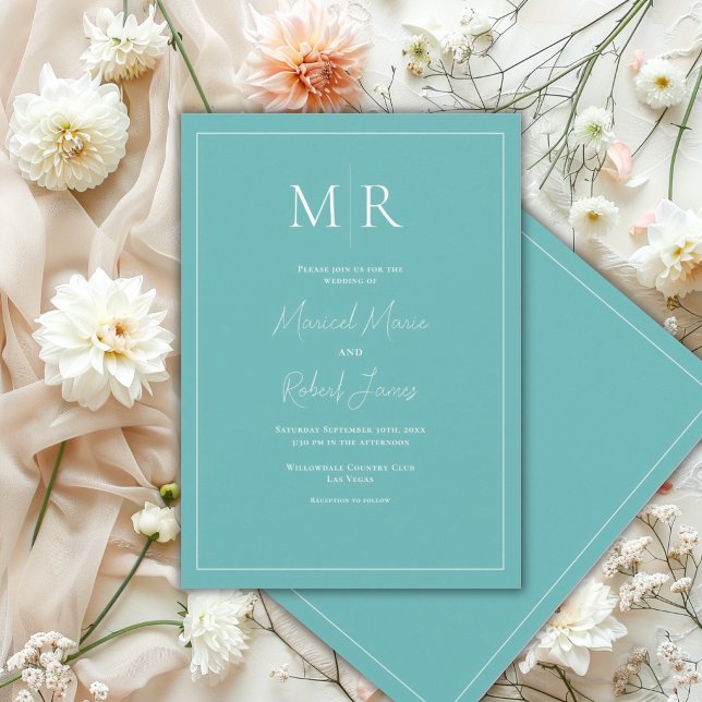 Elegant Teal Monogram Modern Wedding Invitation (Creator Uploaded)
