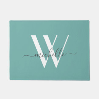 Elegant Teal Monogram Name Script Doormat