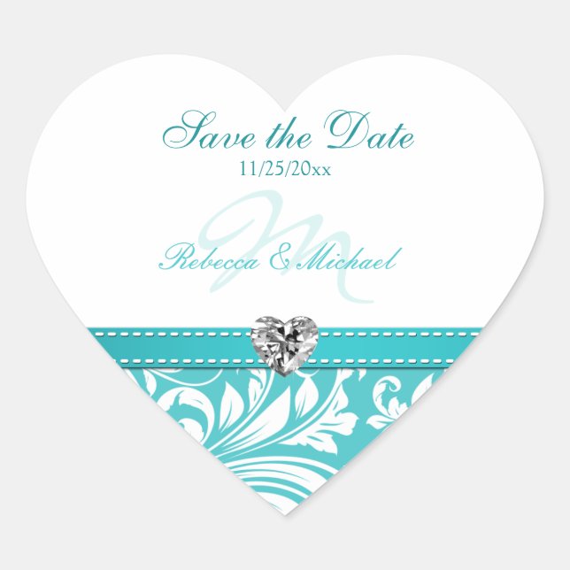 Elegant Teal Monogram Save the Date Wedding Heart Sticker (Front)