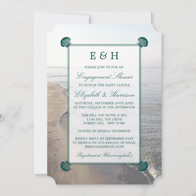 Elegant Teal Monogram Scallop Beach Engagement Invitation (Front)