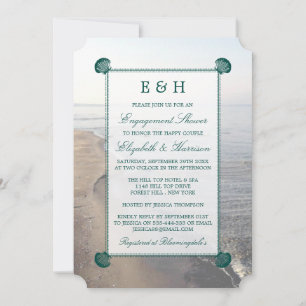 Elegant Teal Monogram Scallop Beach Engagement Invitation