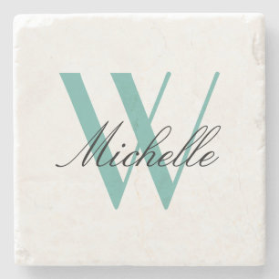 Elegant Teal Monogram Script Name Stylish Stone Coaster