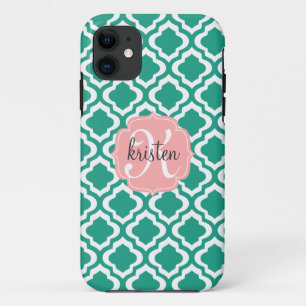 Elegant Teal Moroccan Quatrefoil Personalised iPhone 11 Case