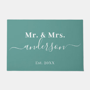 Elegant Teal Mr. And Mrs. Name Script Wedding Doormat
