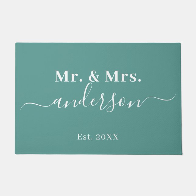 Elegant Teal Mr. And Mrs. Name Script Wedding Doormat (Front)