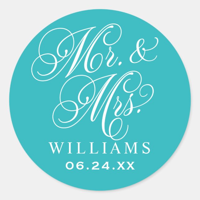 Elegant Teal Mr and Mrs Script Monogram Classic Round Sticker (Front)