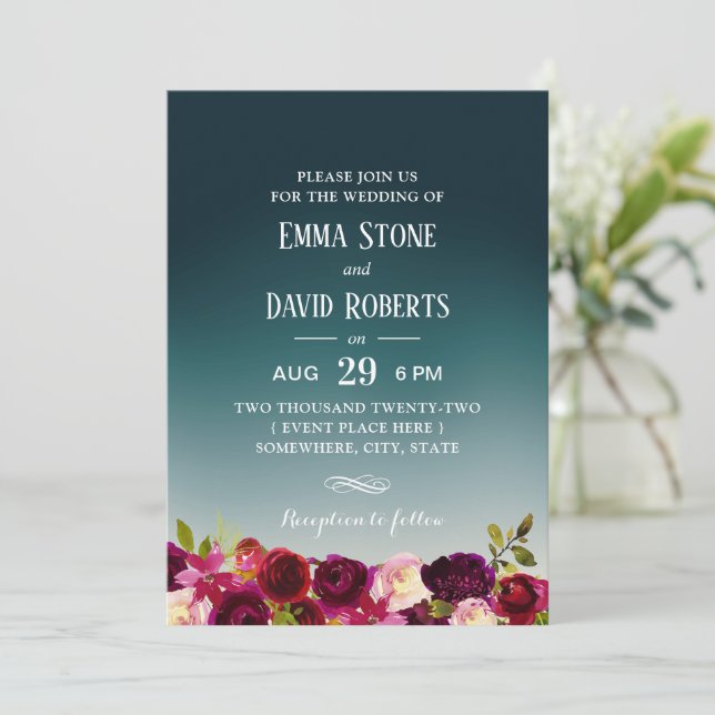 Elegant Teal Ombre Burgundy Red Floral Wedding Invitation (Standing Front)