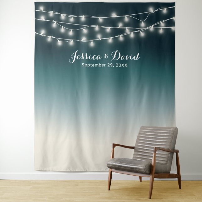 Elegant Teal Ombre String Lights Wedding Backdrops Tapestry (In Situ)