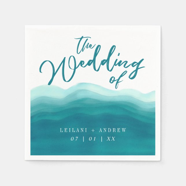 Elegant Teal Ombre Watercolor Wave | Wedding Napkin (Front)