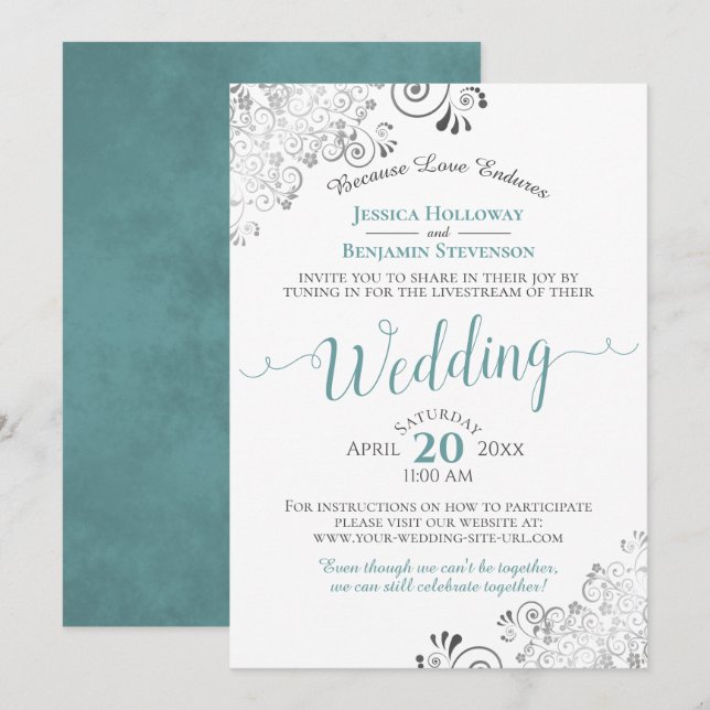 Elegant Teal on White Wedding Livestream Invitation (Front/Back)