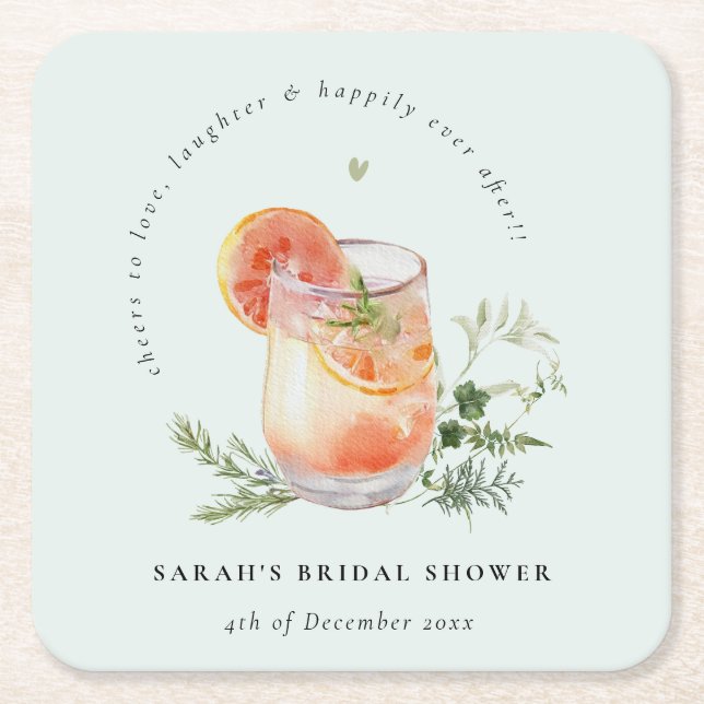 Elegant Teal Orange Green Cocktail Bridal Shower  Square Paper Coaster (Front)