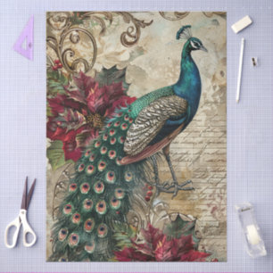 Elegant Teal Peacock Christmas Decoupage Tissue Paper