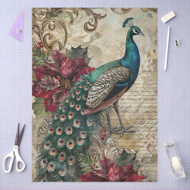 Elegant Teal Peacock Christmas Decoupage Tissue Paper (Craft)